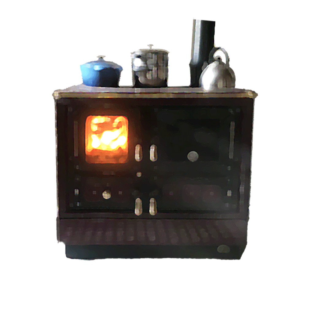 Cuisinière à bois devant un cercle blanc