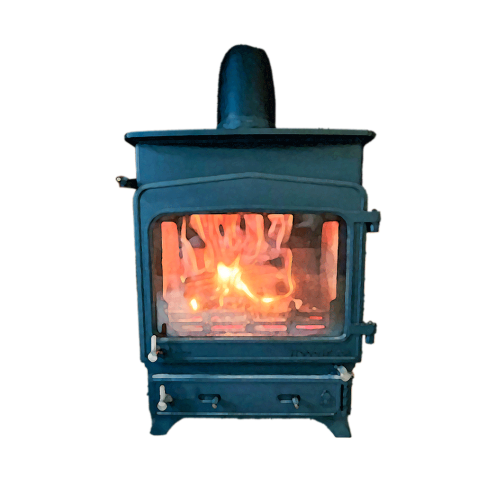 Poêle à bois devant un cercle blanc